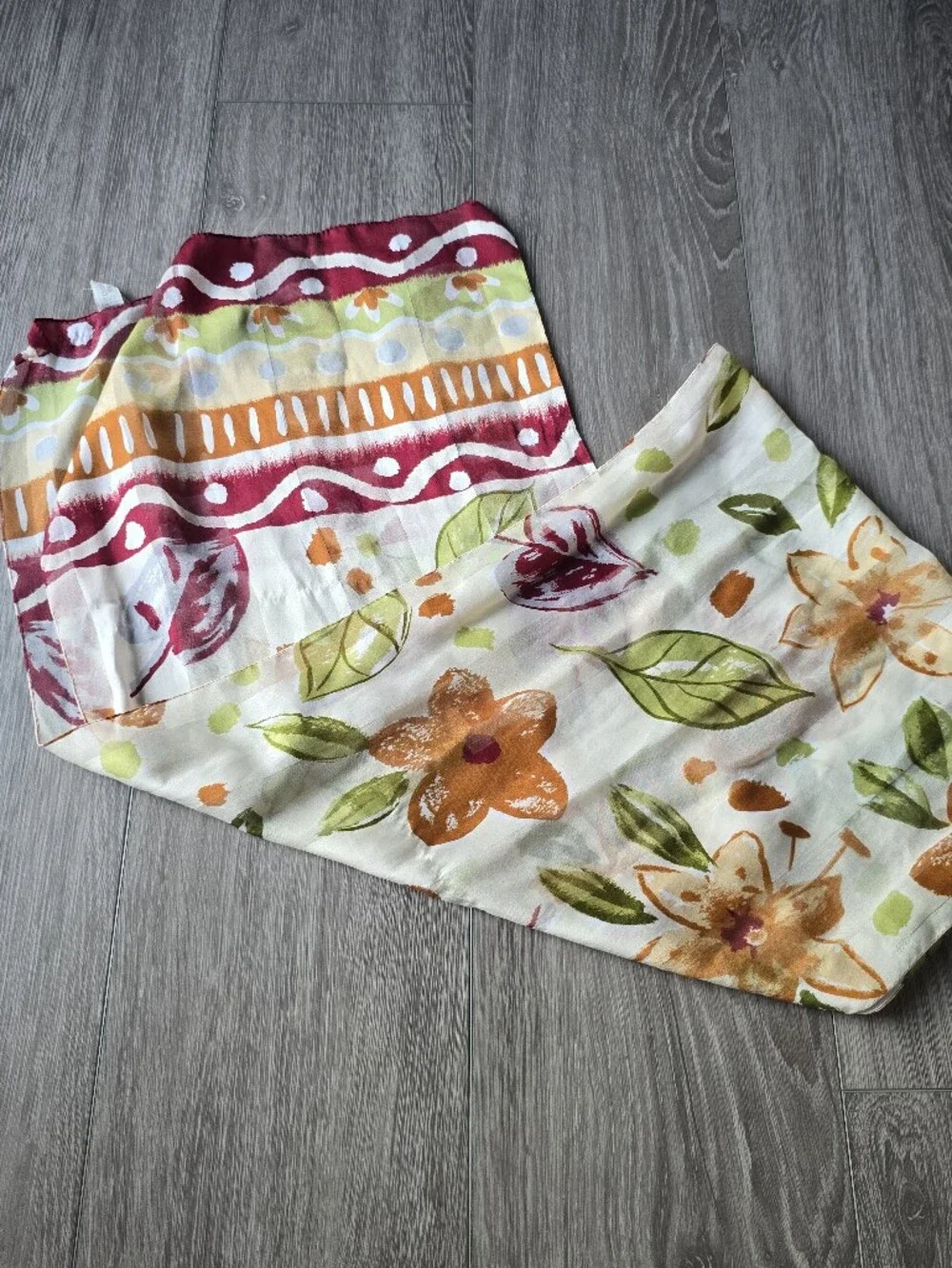 Watercolor Floral Oblong Scarf Boho Ikat Border Orange Green Made in Italy Long
